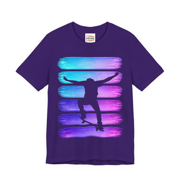 Vintage Skateboarder Purple Blue Stripes — Unisex Graphic Tee | Universe