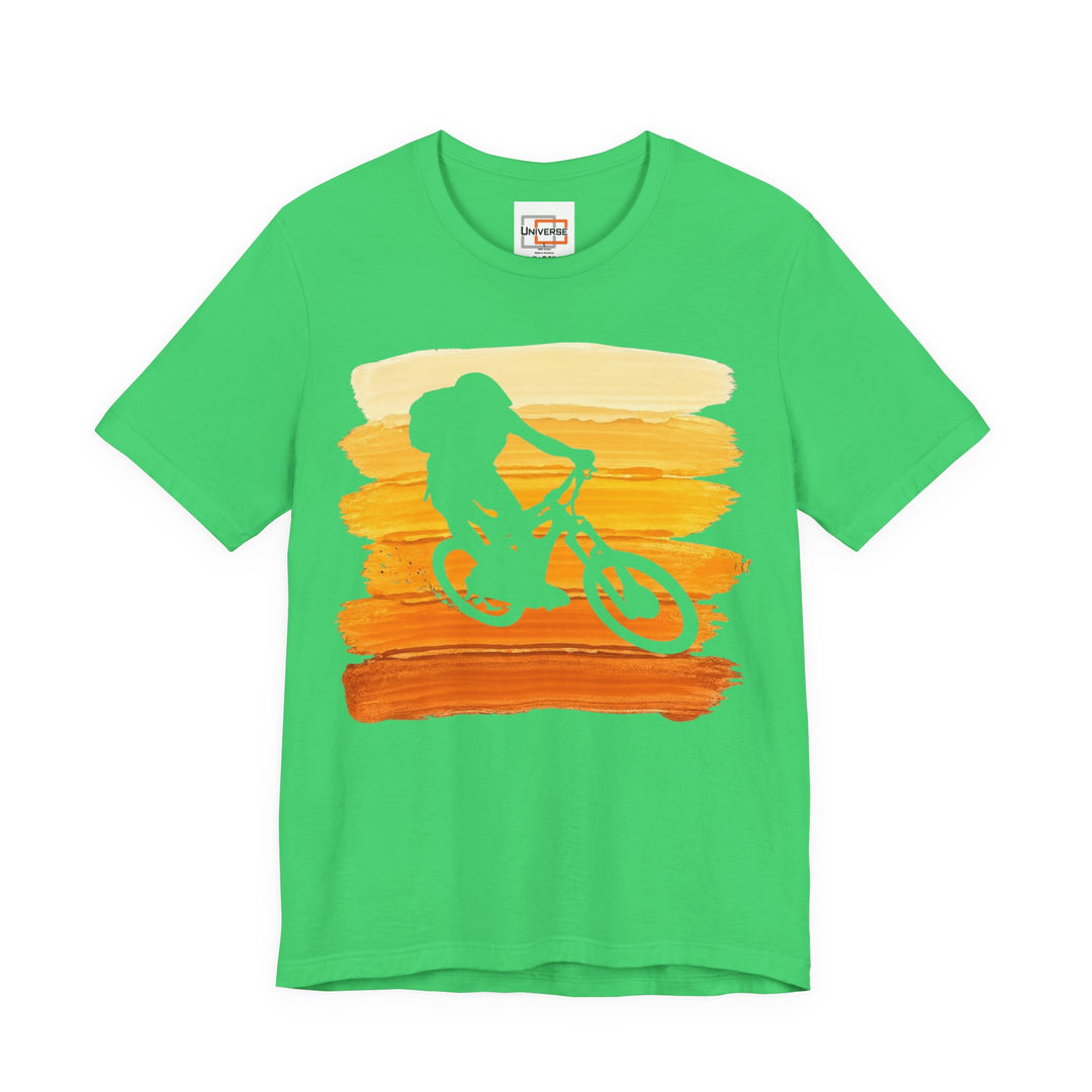 Vintage Mountain Biker Orange Stripes — Unisex Graphic Tee | Universe