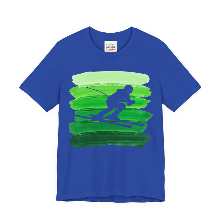 Vintage Downhill Skier Green Stripes — Unisex Graphic Tee | Universe
