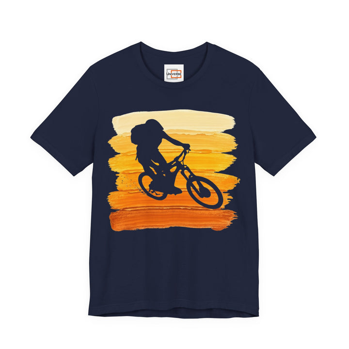 Vintage Mountain Biker Orange Stripes — Unisex Graphic Tee | Universe