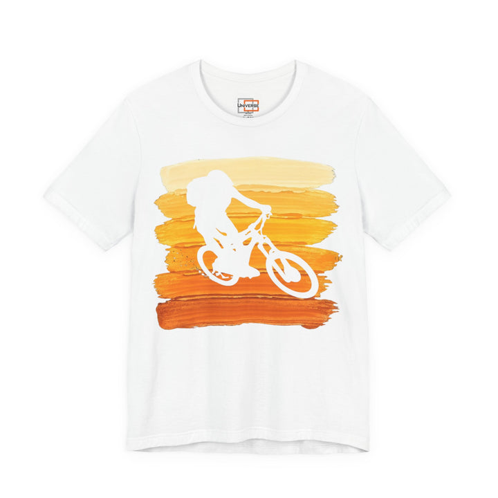 Vintage Mountain Biker Orange Stripes — Unisex Graphic Tee | Universe