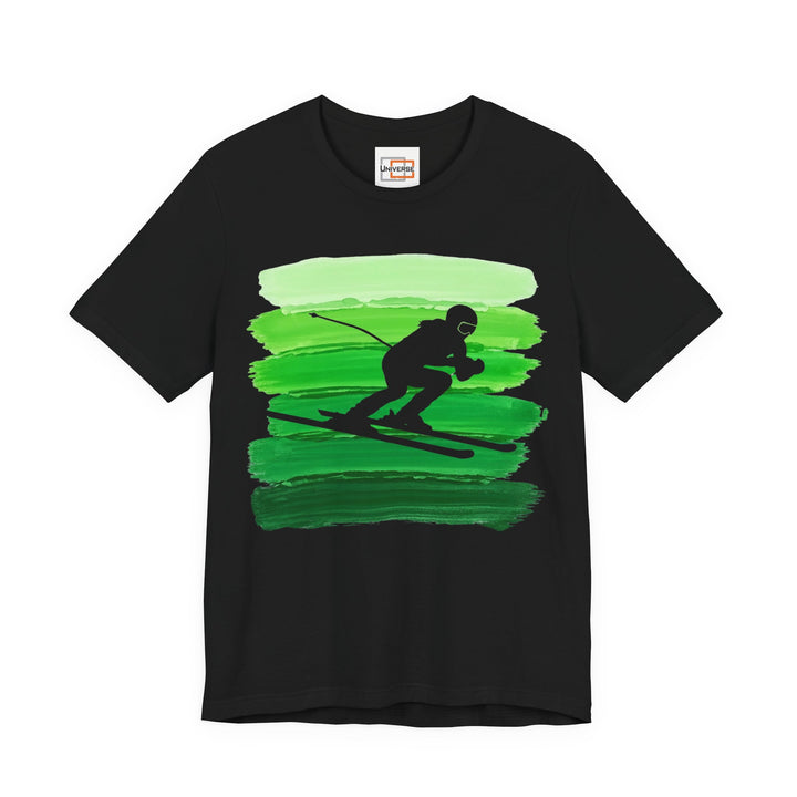 Vintage Downhill Skier Green Stripes — Unisex Graphic Tee | Universe