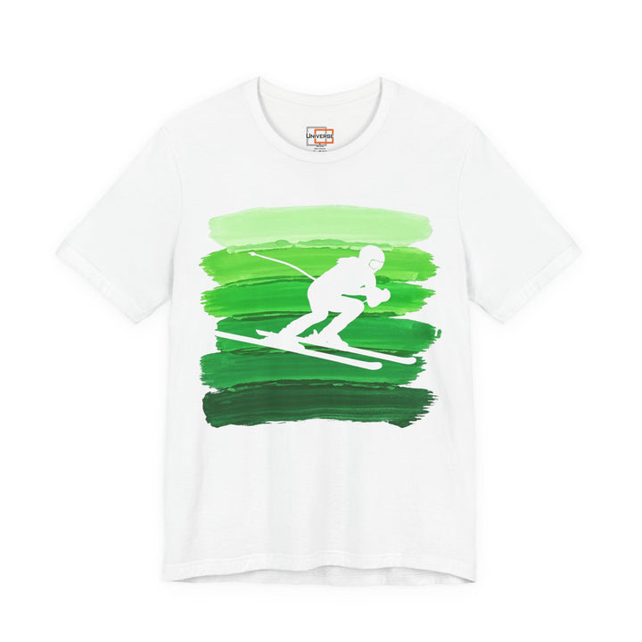 Vintage Downhill Skier Green Stripes — Unisex Graphic Tee | Universe