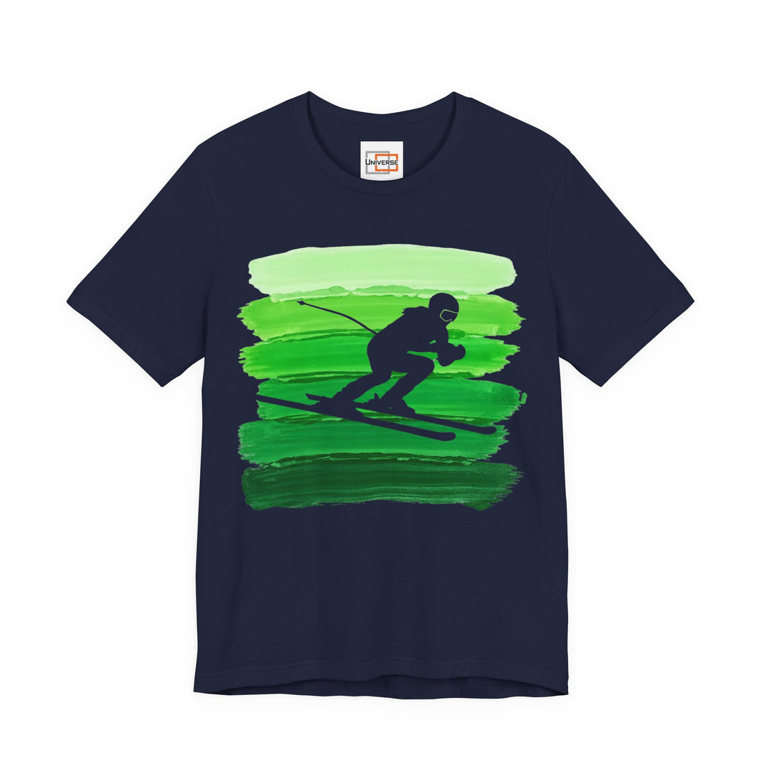 Vintage Downhill Skier Green Stripes — Unisex Graphic Tee | Universe
