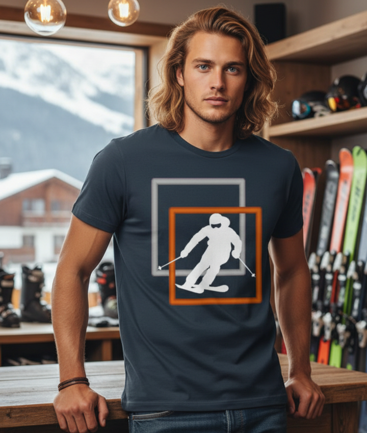 Minimal Downhill Skier Dark Mockup — Universe Digital