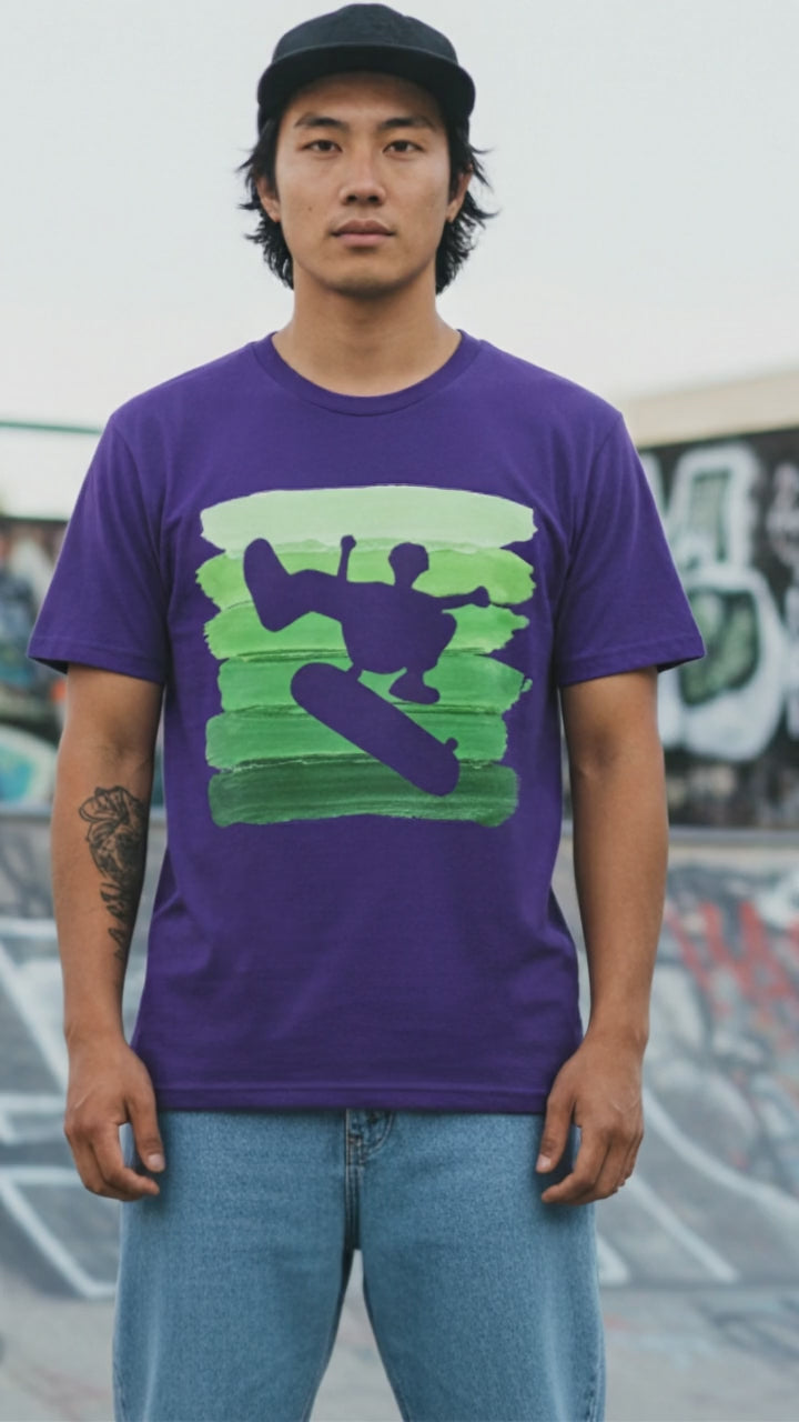 Vintage Skateboarder Green Stripes — Unisex Graphic Tee | Universe Lifestyle Video — Universe Digital